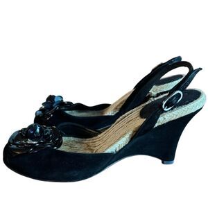 Chanel Authentic Women's Camellia Flower Suede Wedge Espadrilles Size 9.5